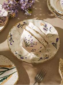 Vintage Lavender Hand-Painted Ceramic Bowl, Petal Rim Underglaze Floral Rice Bowl, Yogurt Oatmeal Breakfast Dessert Bowl For Home Kitchen Gift Idea - Multicolor - View 2