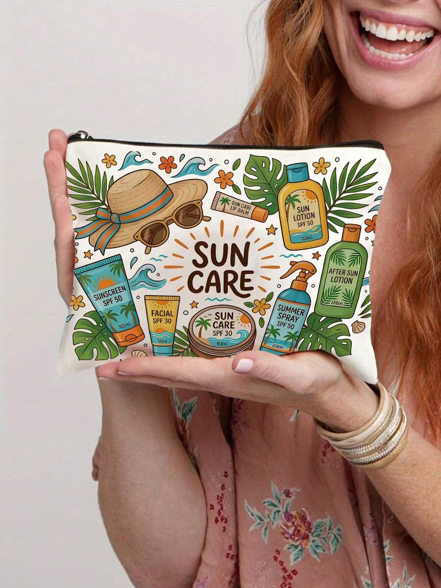 1pc Fashionable Cosmetic Travel Bag With Makeup Pattern Design - Lightweight Foldable Zipper Pouch, Suitable For Cosmetics, Toiletries And Pens - Easy To Wipe Clean, Ideal Gift For Women And Makeup Enthusiasts - Multicolor - View 1