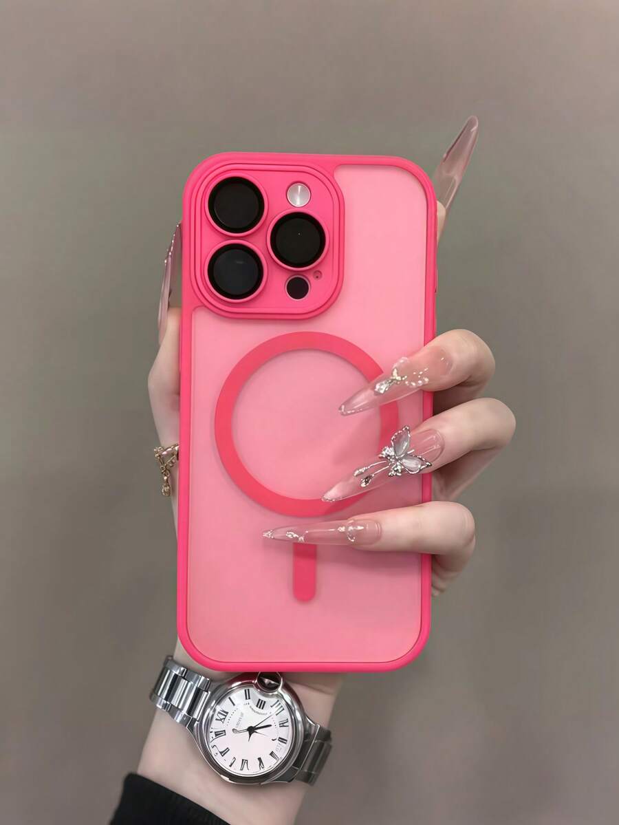 Magnetic Wireless Charging Protective Case, Frosted Translucent Shell, Shockproof Protective Case, Compatible With Apple 16 Pro Max/15/14/13/12/11 - Rosa Fucsia - Ver 1