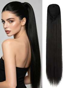 Extensiones de cola de caballo con cordón, cola de caballo larga y recta falsa, extensiones de cabello sintético natural y suave con clip, pieza de cabello resistente al calor - Negro - Ver 9