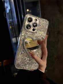 Glitter Heart Mirror Phone Case, Mirror Phone Case That Can Be Used For Makeup Touch-, Compatible With IPhone 15/15Pro/15Plus/15Promax - Bạc - Xem 2