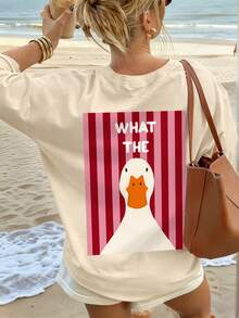 Women's Pink "What The" Funny Duck Print Short Sleeve T-Shirt | Red And White Striped Background | Playful Cartoon Style - Apricot - View 5