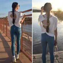 Women's Y2K Open Back Slouchy Cropped Summer Top- Casual Short Sleeve Yoga Shirt - White - View 3