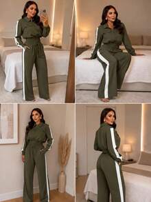 Women's Two-Piece Set: Long-Sleeved Jacket And Wide-Leg Pants - 軍綠色 - 查看 2