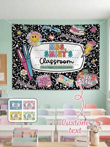 1pc Custom Text Teacher Appreciation Gifts, Custom Composition Notebook Welcome Teachers Name Classroom Banner, Teacher Tapestry Classroom Decor Tapestries - Multicolor - View 1