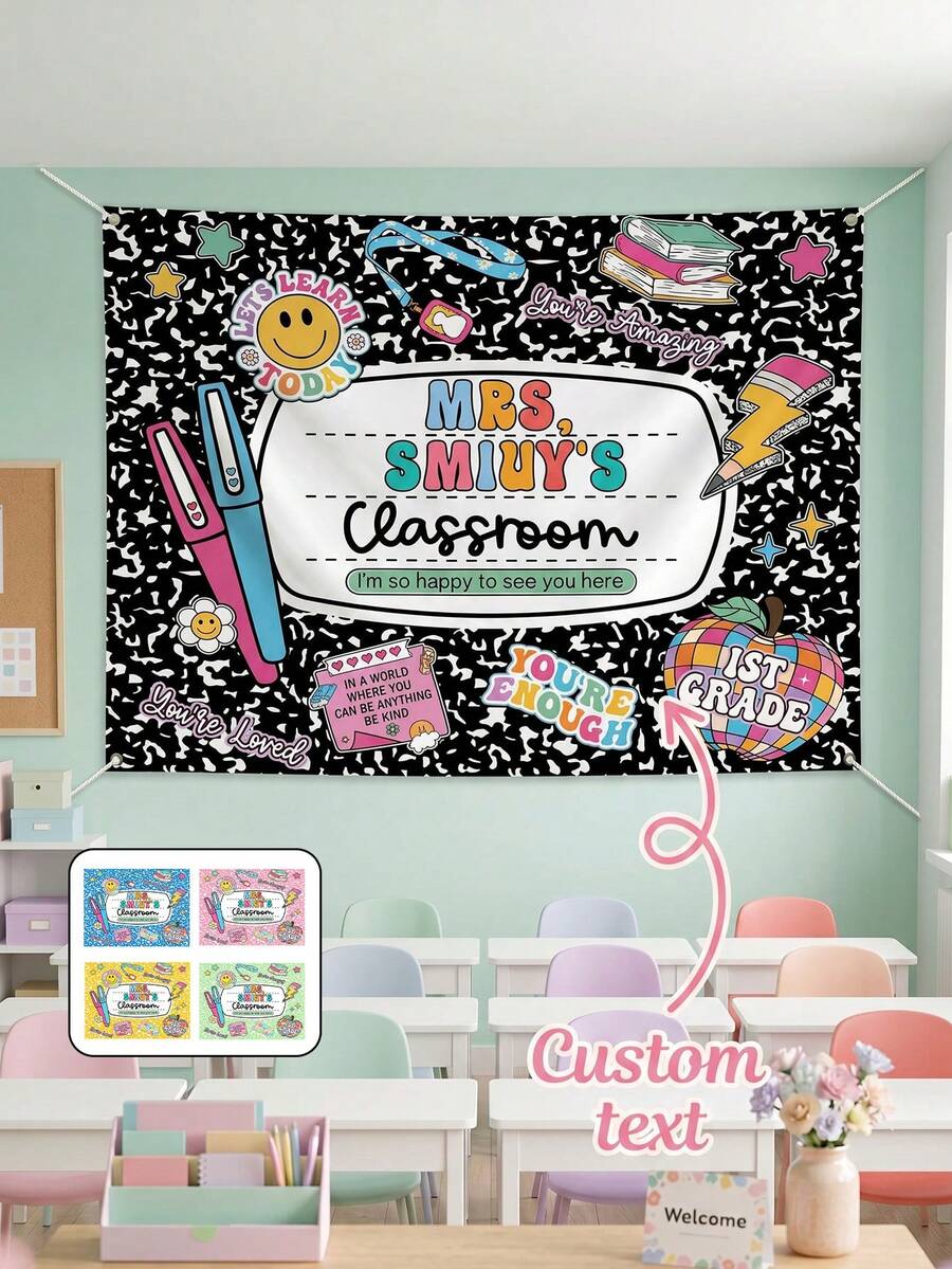 1pc Custom Text Teacher Appreciation Gifts, Custom Composition Notebook Welcome Teachers Name Classroom Banner, Teacher Tapestry Classroom Decor Tapestries - Multicolor - View 1
