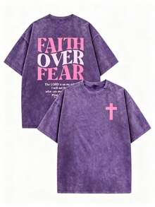 Psalm 118:6 Faith Over Fear Shirt Pink Cross Graphic Vintage Wash Christian Streetwear Church Outfit, Women Washed T-Shirt,Vacation Outfits Women - 紫色 - 查看 1