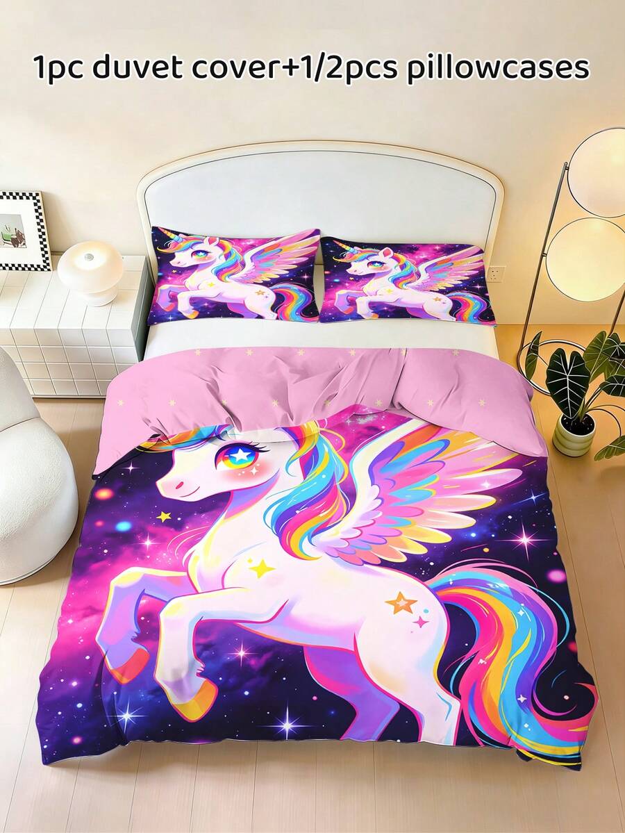2/3PCS Funda nórdica de unicornio arcoíris galaxia púrpura, ropa de cama infantil de poliéster con cremallera estilo cuento de hadas, juego de cama suave y lavable para dormitorio de niñas & regalo de cumpleaños para todas las estaciones - Multicolor - Ver 1