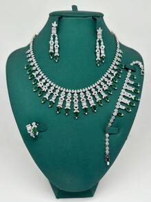 Juego de 4 piezas de joyería de lujo de Oriente Medio Dubái con perlas, heavily adornado, blanco & verde, con circonita y borlas, accesorios de joyería para novia y fiesta paquistaní y saudí, regalo - Verde - Ver 1