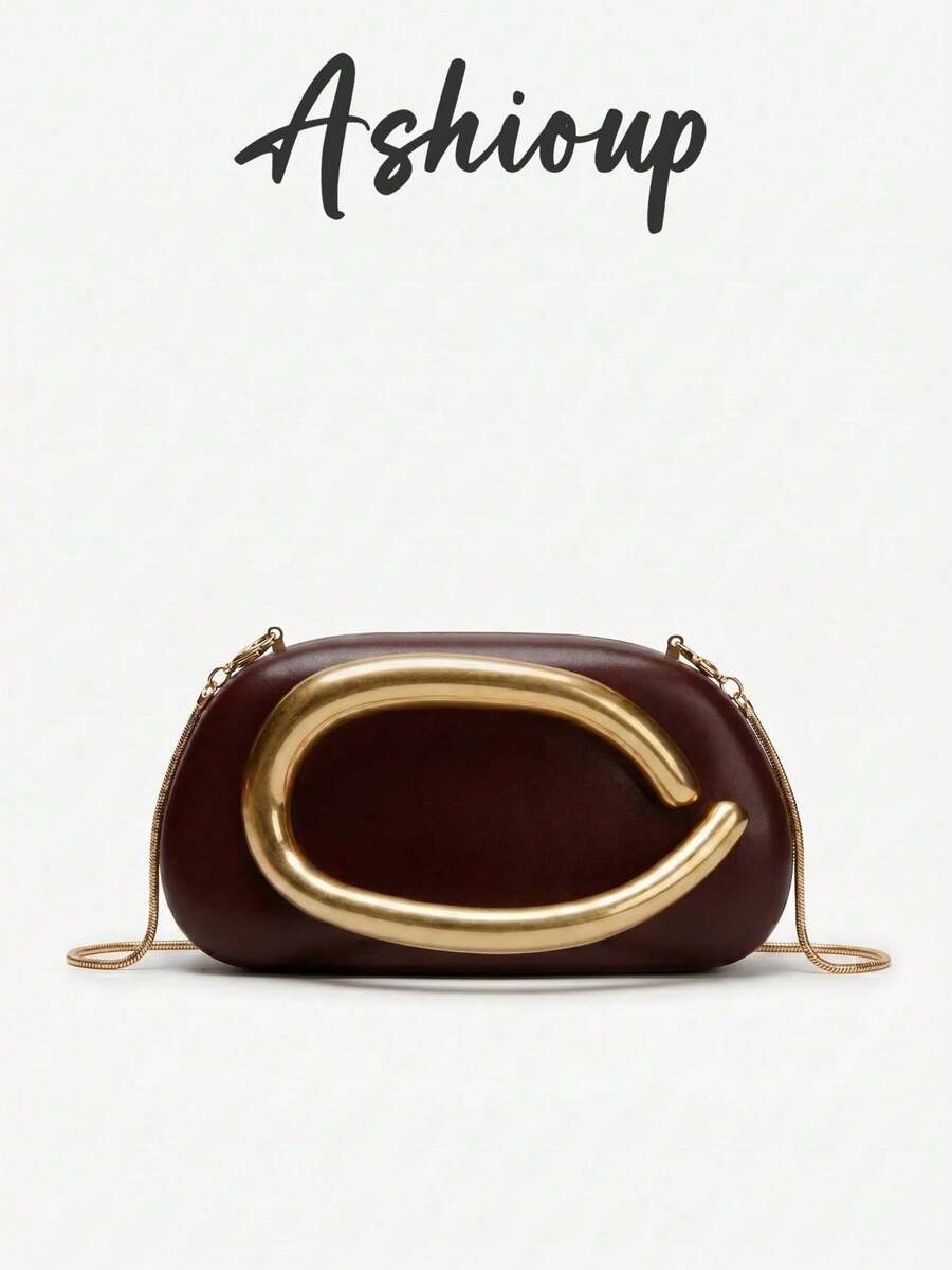 Bolso de mano tipo clutch redondo clásico, mini bolso de hombro vintage con asa y cadena de metal - Burdeos - Ver 1