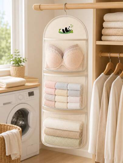 Organizador de armario colgante elegante con 3 bolsillos de malla, bolsa de almacenamiento plegable para ropa interior, calcetines y sujetadores, bolsa colgante ahorradora de espacio para armario, perfecto para hogar, dormitorio, estantes de armario, organizadores de cajones y cestas de almacenamiento