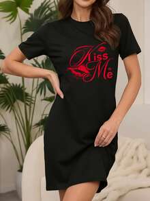 Women's Soft Short Sleeve Nightgown - Lip Pattern, Women's Nightgown - Black - View 2
