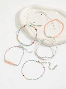 7PCS CCB Rice Bead Bracelet, Simple Fashion Personalized Beach Style Colorful Drip Oil Chain CCB Jewelry For Women (Mixed Rice Beads, Non-Positioned) - Silver - View 3