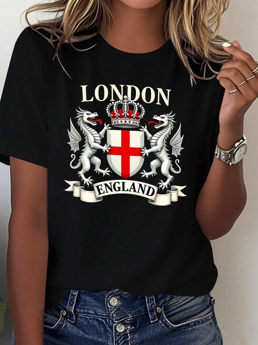 Women's T-Shirt With The Coat Of Arms Of London, England - Casual T-Shirt With The Coat Of Arms Design Of England, Machine Washable British Clothing, Casual Blouse For Women. - 黑色 - 查看 1