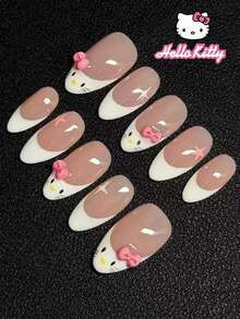 Sanrio Hello Kitty 24片裝 Y2K 杏仁形白色法式指尖穿戴甲，可愛 Hello Kitty、星星與蝴蝶結裝飾，完美貼合壓克力假指甲套組，含 1 個果凍膠與 1 個指甲锉，適合女孩日常與派對使用 - 彩色 - 查看 3