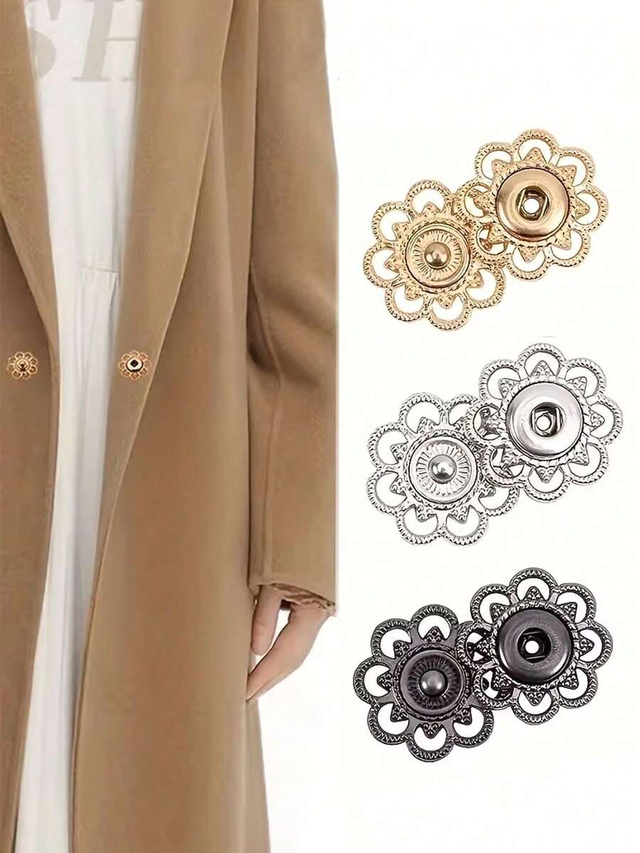 2/12pcs Vintage Gold Hollow Flower Metal Snap Buttons, Durable Smooth Edge Easy To Sew Press Studs, Suitable For Jackets, Coats, Shirts, Sweaters DIY Clothing, Gift For Tailors And Craft Enthusiasts - Multicolor - View 1