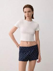 Women's Solid White Short Sleeve Basic Knit Crop T-Shirt, Soft High-Stretch Casual Minimalism Round Neck Tees For Daily Wear &Commute, Spring/ Summer - White - View 3