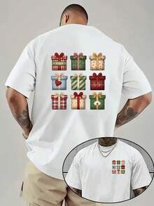 Camiseta de hombre con hombros caídos, caja de regalo, regalo navideño con estampado de doble cara, camiseta de hombre de corte holgado, ropa de hombre de estilo moderno y actual, camiseta d - Negro - Ver 7