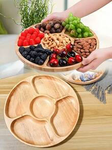 1Pc 11.8" Five-Compartment Round Wooden Tray, Divided Serving Tray, Round Wood Serving Board, Food Serving Tray For Kitchen Appetizers, Appetizer Party Platter With 5 Compartments, Wooden Cutting Chopping Board For Various Festivals And Decorations - View 2