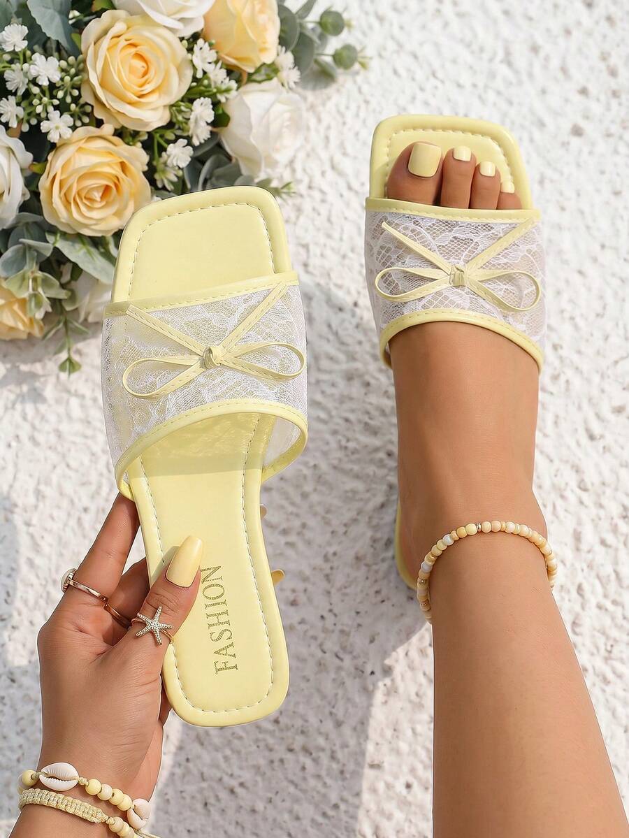 planare Nuevas sandalias planas de mujer de moda de verano elegantes con encaje, malla, lazo decorativo, punta cuadrada y abierta, color amarillo, sandalias de vacaciones para mujer, pantuflas para mujer, chanclas para mujer, sandalias amarillas para mujer, sandalias de playa, sandalias para mujer, sandalias de playa para mujer - Amarillo - Ver 1
