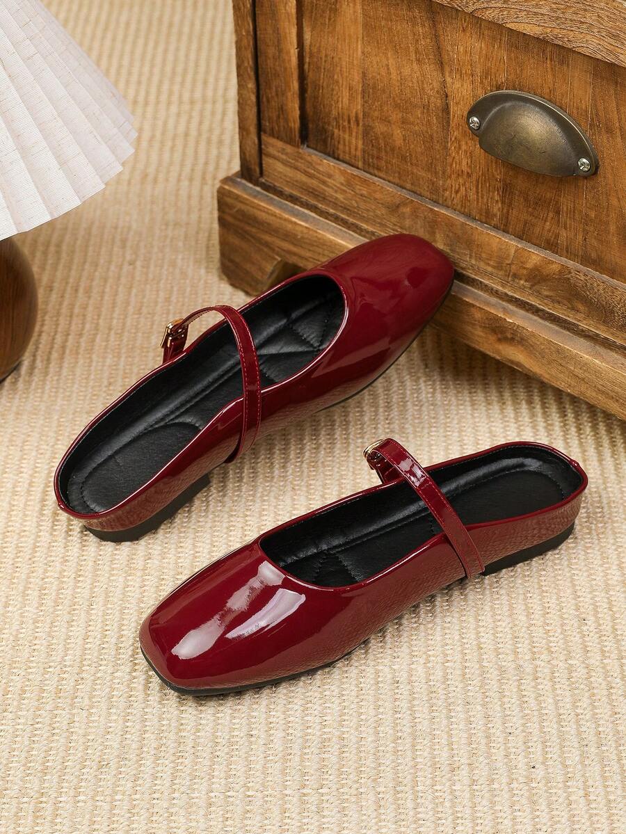Women's Commuter Shoes New Retro Red Mary Jane Shoes With Buckle - Burgundy - View 1