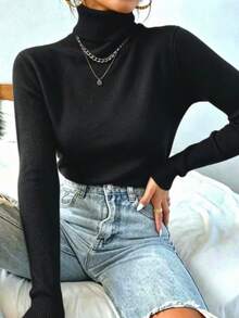 Women's Knitted Blouse High Neck Cacharrel Basic Wool Sweat Fashion Shipping!!! - 黑色 - 查看 1
