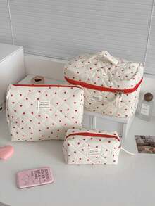 Red Heart Print Quilted Makeup Bag, 3 Sizes Portable Handheld Cosmetic Storage Pouch, Large Capacity Travel Toiletry Organizer Bag - Multicolor - View 1