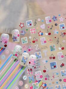 1 Piece Of Embossed Nail Charm Sticker, Cute Sweetheart Cherry Mini Sticker, Cloth Nail Sticker, Pentagonal Heart, Cute Button Stripe Nail Sticker DIY Nail Stickers - Multicolor - View 1