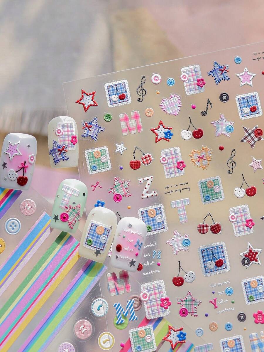 1 Piece Of Embossed Nail Charm Sticker, Cute Sweetheart Cherry Mini Sticker, Cloth Nail Sticker, Pentagonal Heart, Cute Button Stripe Nail Sticker DIY Nail Stickers - Multicolor - View 1