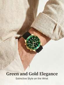 BIDEN Men's Watch Diving Bezel Chronograph Waterproof Luminous Design Rubber Strap Sports Analog Date - Green - View 3