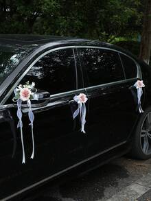 6枝玫瑰花后视镜装饰、婚车花、婚礼场地装饰、楼梯扶手、走廊门把手、蝴蝶结丝带玫瑰装饰 - 彩色 - 查看 6