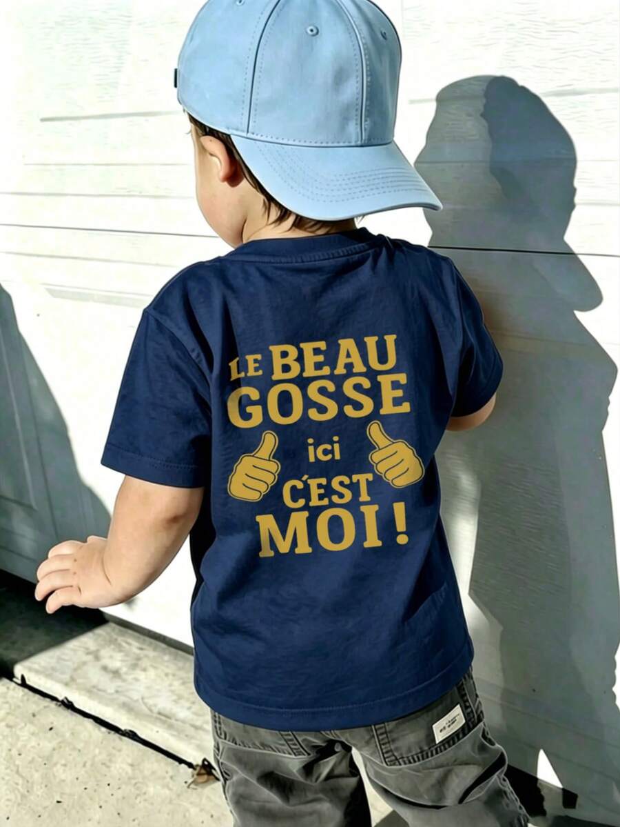 Young Boy- Le Beau Gosse Printed T-Shirt, Comfortable Fabric, Suitable For Outdoor, Daily, Campus Wear, Spring/Summer Versatile Top - Navy Blue - View 1