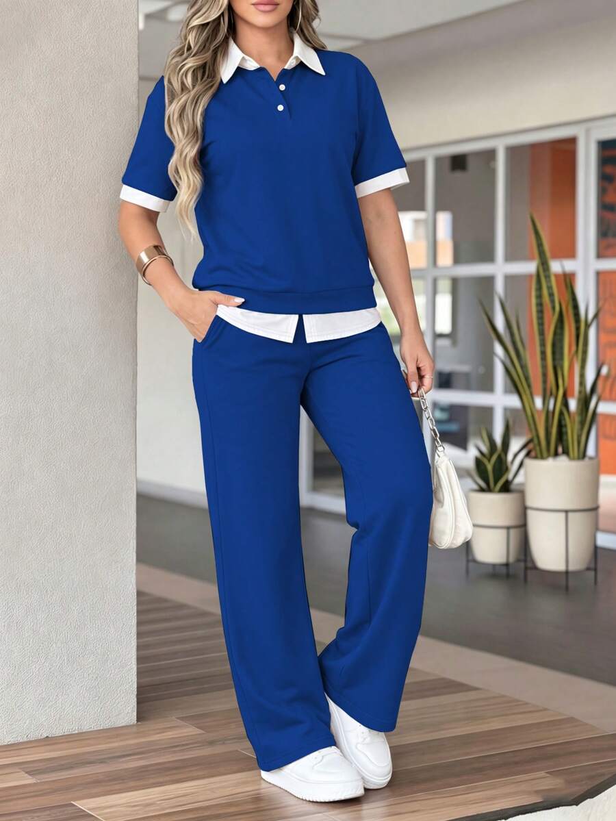 女款春/秋季新款 Polo 領短袖 T 恤與休閒日常彈性腰鬆身長褲 2 件套,運動通勤優雅套裝 - 藍色 - 查看 1