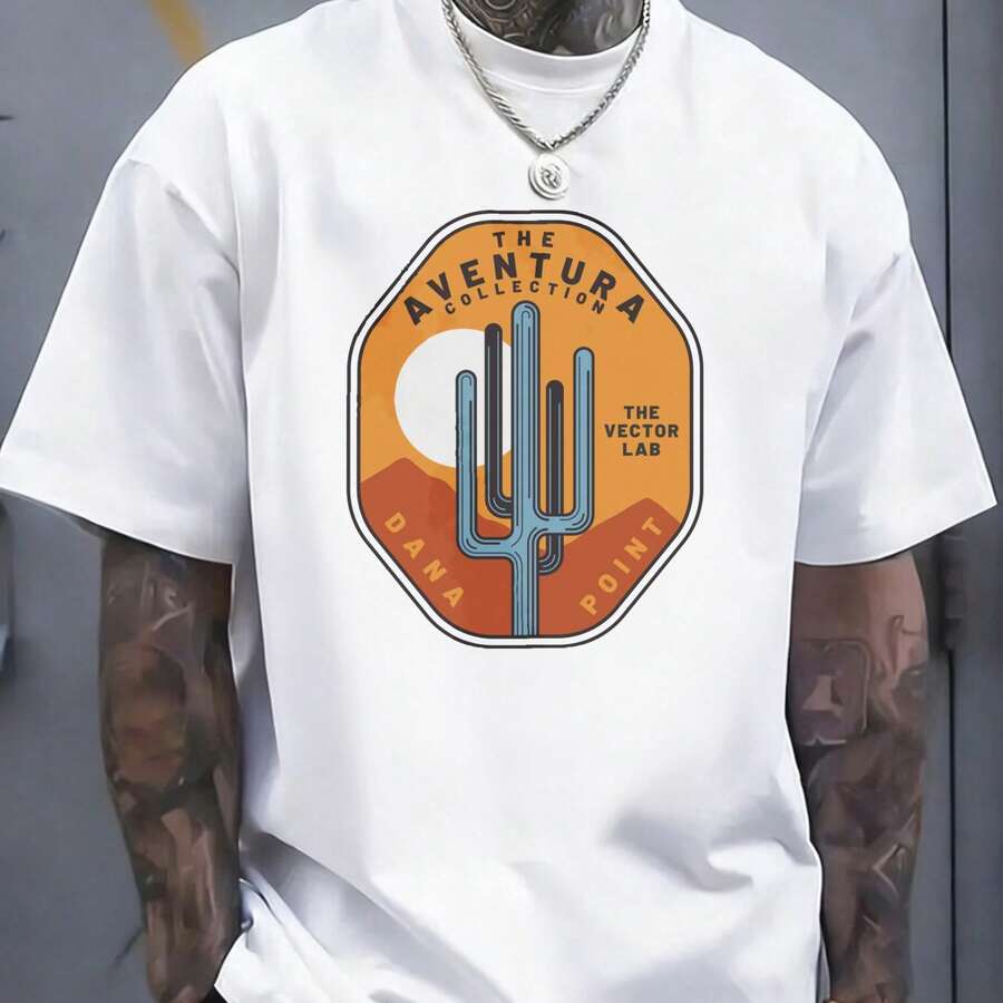 Orange And Blue Desert Cactus Adventure Collection With The Vector Lab Dana Point Logo [Men's T-Shirt] Spring Summer Outdoor Hiking Camping Casual Sty