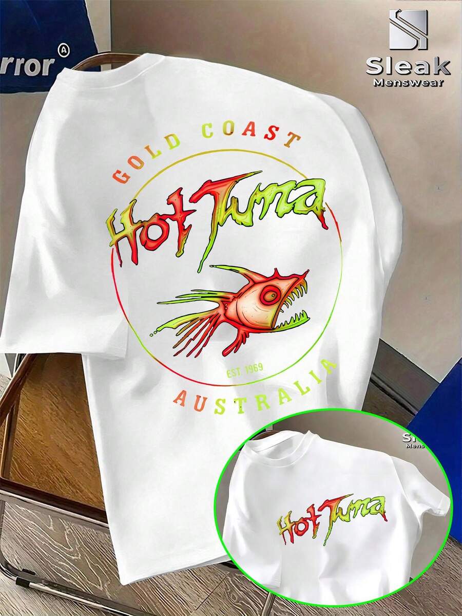 Camiseta de manga corta para hombre con estampado de doble cara, que presenta un vibrante diseño de esturión tropical con elementos de graffiti de colores brillantes. Esta marca de ropa urba - Blanco - Ver 1
