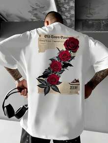 % algodón de doble cara, camiseta de hombre para otoño e invierno, casual y elegante, que absorbe la humedad, estampada con motivos de periódico y rosas rojas, lavable aáquina, camiseta - Blanco - Ver 3
