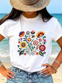 K, Local Spring/Summer Urban Fashion. Women's Blouses, Women's T-Shirts. 180g (S-XXXL) Women's Oversized T-Shirt "Poppy Flowers" - Dark Gray With Vintage Floral Print And Inspirational Phrase - 白色-2 - 查看 1