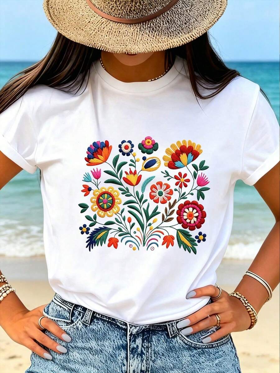 K, Local Spring/Summer Urban Fashion. Women's Blouses, Women's T-Shirts. 180g (S-XXXL) Women's Oversized T-Shirt "Poppy Flowers" - Dark Gray With Vintage Floral Print And Inspirational Phrase - 白色-2 - 查看 1