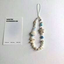 Cordón para teléfono estilo isla con conchas naturales & estrella de mar, fragmentos de conchas naturales seleccionados, estrella de mar de piedra porosa combinada con cuentas de esmalte azul & perlas falsas, textura de playa natural. Enhebrado a mano estilo vintage casual, adecuado para teléfonos, llaves & bolsos de hombro, ambiente de vacaciones, accesorio fresco de nicho de verano, creando un estilo relajado de playa - Celeste - Ver 3