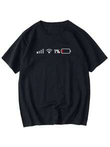 Short-Sleeved T-Shirt With A Humorous And Creative Low Battery Print, An Easy And Comfortable Unisex Top - 黑色 - 查看 1