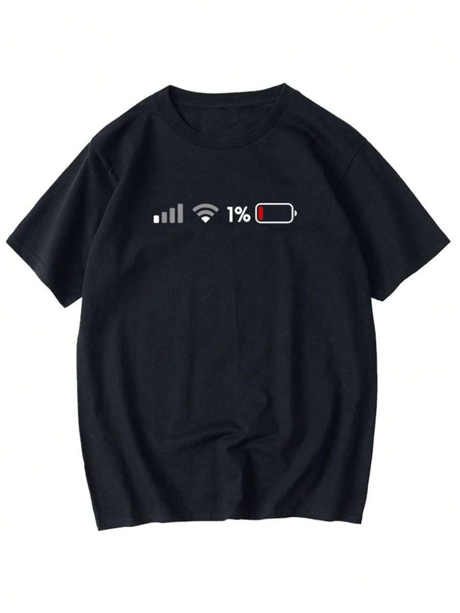 Short-Sleeved T-Shirt With A Humorous And Creative Low Battery Print, An Easy And Comfortable Unisex Top - 黑色 - 查看 1