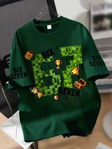 男童酷炫像素 67 遊戲 T 恤，大號「Six Seven」像素圖案印花上衣，柔軟舒適面料，夏季街頭風上衣 - 墨綠色 - 查看 1