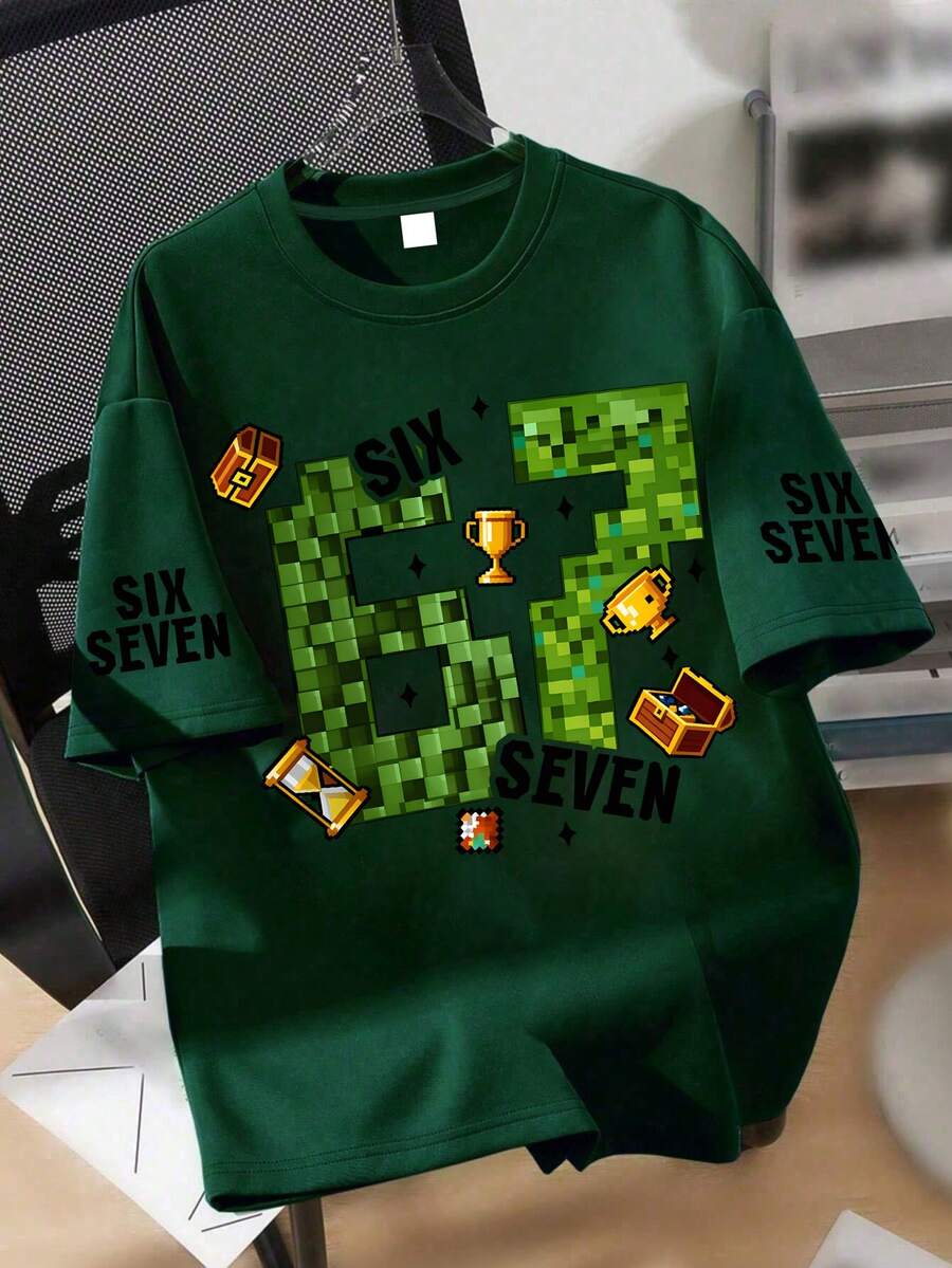 男童酷炫像素 67 遊戲 T 恤,大號「Six Seven」像素圖案印花上衣,柔軟舒適面料,夏季街頭風上衣 - 墨綠色 - 查看 1