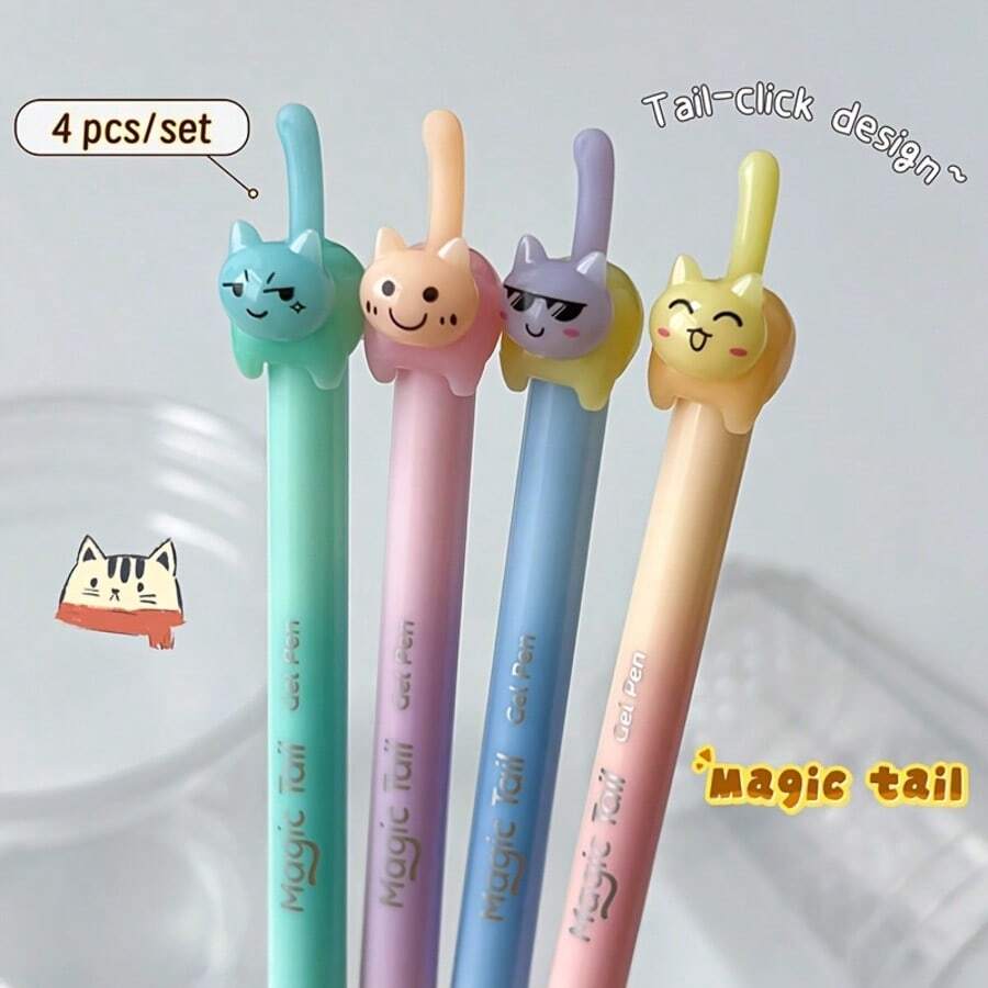 1pc Random Jumping Cat Tail Black Neutral Pen Set 0.5mm Retractable Quick-Dry Smooth Writing Pen For Students School Office Supplies - Sets - View 1