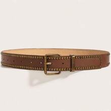 1pc Western Vintage Handmade Beaded Buckle PU Belt, Versatile For Jeans And Dresses, Waist-Cinched Street Style - Camel - View 3