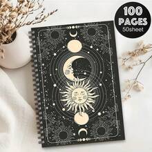 1本神秘女巫螺旋筆記本 - 天空太陽月亮星星設計，黑金魔法封面，100頁附索引標籤，適合日記、旅行、學校和辦公室使用，精巧女巫主題禮物 (威卡占星術日誌) - A5 - 查看 6