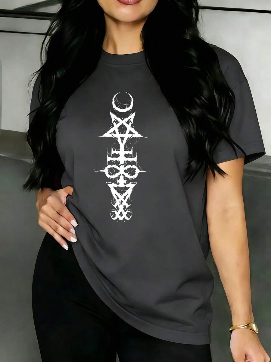 Camiseta informal de manga corta con cuello redondo y estampado para mujer, versátil para un estilo urbano diario. - Gris Oscuro - Ver 1