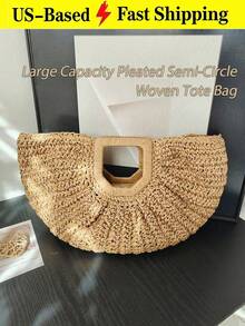 1pc Large Capacity Khaki Handbag Tote Bag Woven Bag Open Straw Bag Round Bag,Large Capacity Khaki Tote Bag,Open Top Round Bag,Travel Vacation Beach - 彩色 - 查看 8