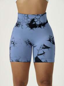 Shorts de fitness de mujer con teñido anudado púrpura de moda de verano, shorts de running sin costuras acanalados de cintura alta con control de abdomen, pantalones deportivos de color bloque azul/negro con teñido anudado de ajuste ceñido para exteriores, pantalones deportivos casuales para exteriores, adecuados para gimnasio, yoga, entrenamiento, ciclismo, uso casual al aire libre, shorts deportivos diarios para mujer, primavera/verano/otoño/invierno - Azul - Ver 2