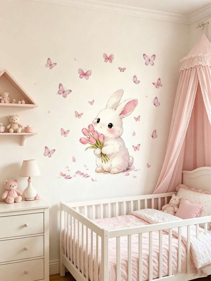 1pc Butterfly & Rabbit Wall Sticker Wallpaper Set, Suitable For Bedroom, Living Room And Nursery Warm Home Wall Decor - Multicolor - View 1